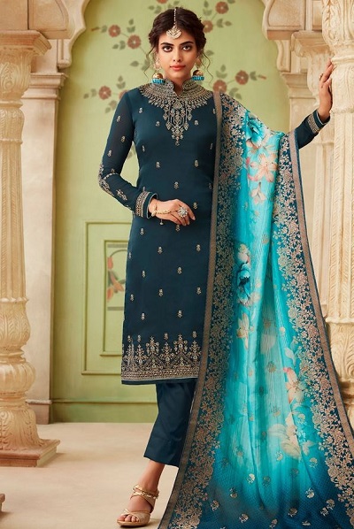 Dark And Light Blue Combination Party Wear Salwar Suit For Ladies