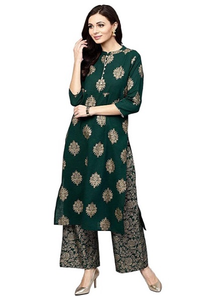 Dark Green Gold Foil Printed Kurta And Palazzo