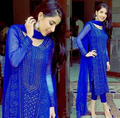 elegant long thread work blue kurti with cropped trousers