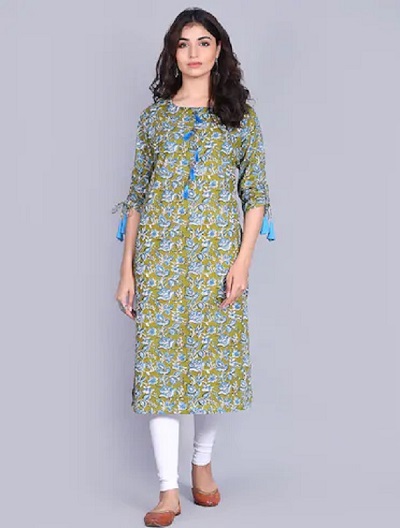 Green Long Floral Printed Kurti With Tassel Design