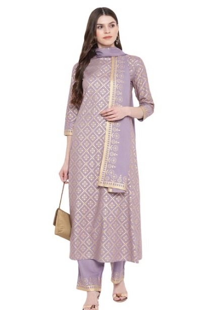Lavender and gold printed kurta palazzo Dupatta dress for women