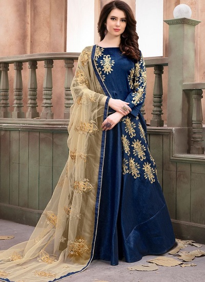 Long Blue A-Line Gown With Golden Dupatta