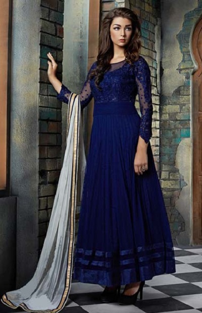 Long Blue Net Anarkali Dress For Parties