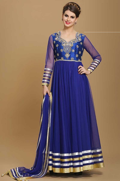 Long Blue Net Anarkali Gown For Women