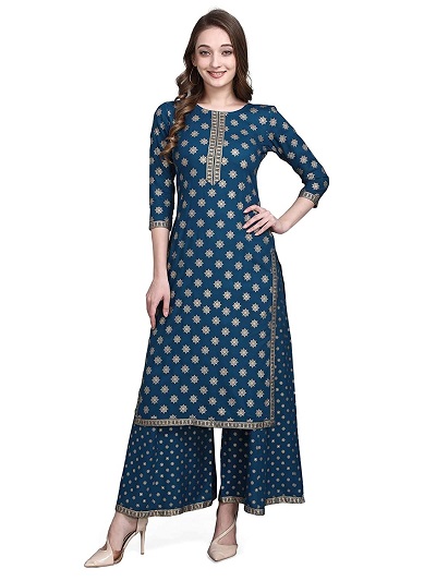 Navy Blue Gold Foil Print Kurta Palazzo Set