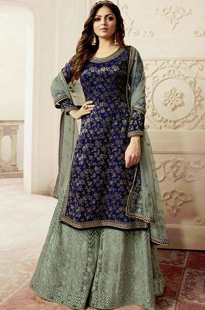 Party Wear Designer Blue Jacquard Kurti With Net Grey Pant