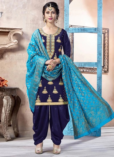 Party Wear Embroidered Blue Salwar With Silk Dupatta