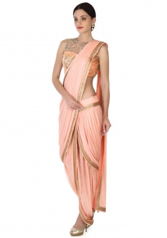 Peach Dhoti Saree With Patch Work Blouse