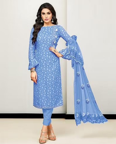 Printed Light Blue Kurta Dupatta Set For Daily Wear