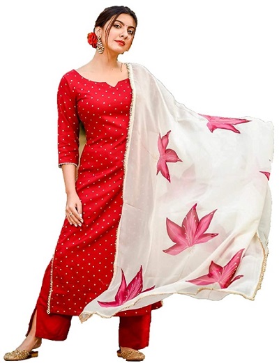 Rayon Red Kurti With Printed Cotton Dupatta
