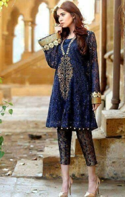 Short Anarkali Blue Suit With Brocade Short Trousers