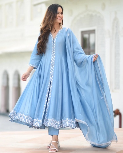 Stylish Blue Anarkali Long Kurta With Dupatta