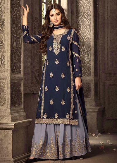 Stylish Blue Georgette Embroidered Suit With Heavy Plazo Pant