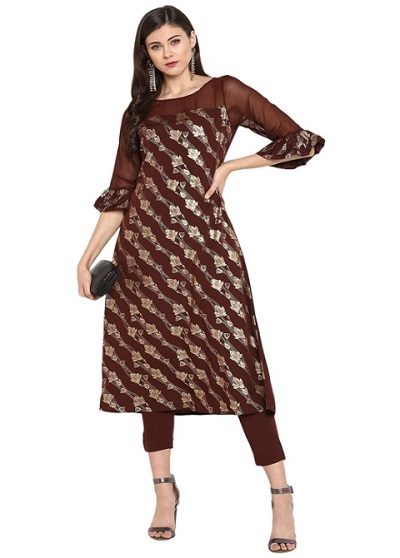 stylish gold printed party wear kurti palazzo pant set