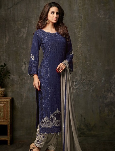 Stylish Long Blue Kurta With Grey Salwar And Dupatta