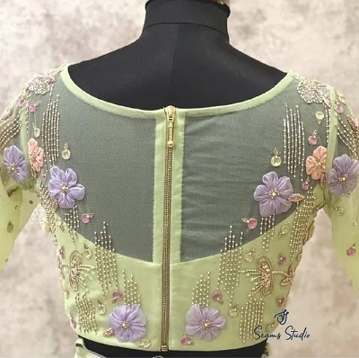 Back zipper net fabric blouse with embroidery