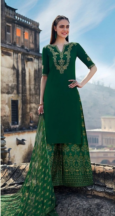 Beautiful dark green kurta with grass green embroidered palazzo