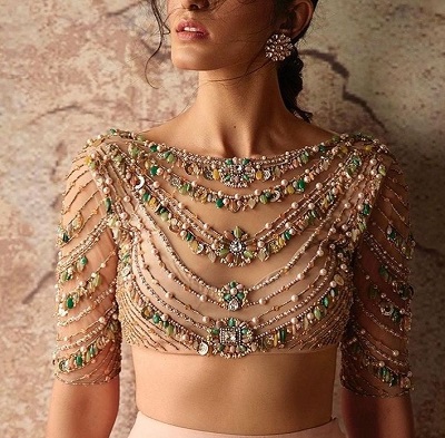 Beige colored heavy bead work designer blouse