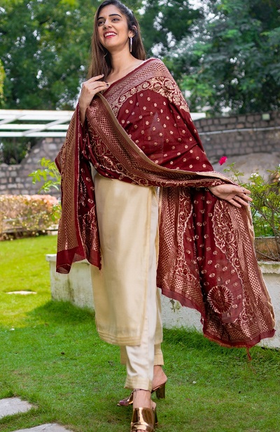 Beige gold Chanderi salwar suit with Maroon Banarasi dupatta