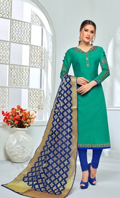 Blue Banarasi Dupatta with green Chanderi suit