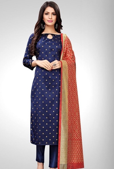 Blue cotton Silk Chanderi suit with red Banarasi dupatta