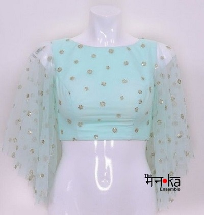 Butterfly net boat neck blue blouse for sarees