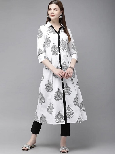 Shop Online Foil Print Rayon Party Wear Kurti in Off White : 216846 -