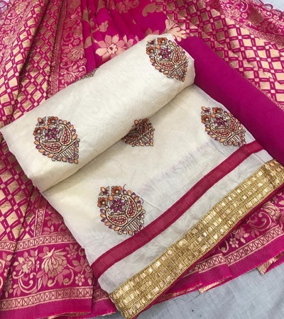 Cotton Chanderi suit with dark pink Banarasi dupatta