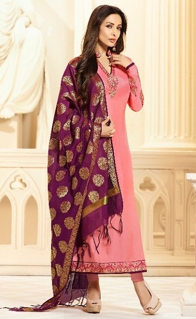 Dark purple Banarasi Dupatta set with peach long kurti churidar