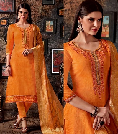 Deep Orange Chanderi suit with orange Banarasi Dupatta set