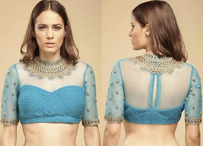 Designer Blue Net Wedding blouse design
