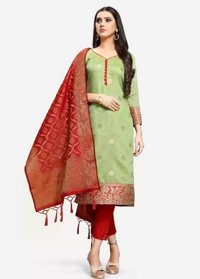 Elegant green suit red Banarasi Dupatta set