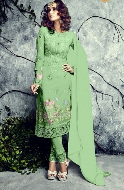 Georgette green embroidered kurta with trouser and churidar set