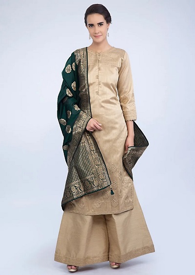 Gold Chanderi Silk plazo kurta set with dark green Banarasi dupatta