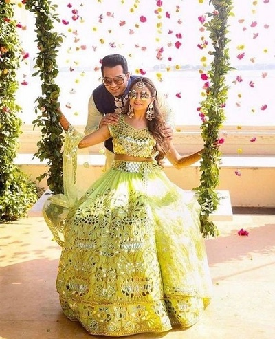 Gorgeous Light Lime Green Colored Mehndi Dress Lehenga