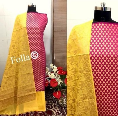 Gorgeous red suit with yellow Banarasi Dupatta design