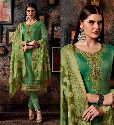 Green Banarasi Dupatta with green Chanderi suit pant set