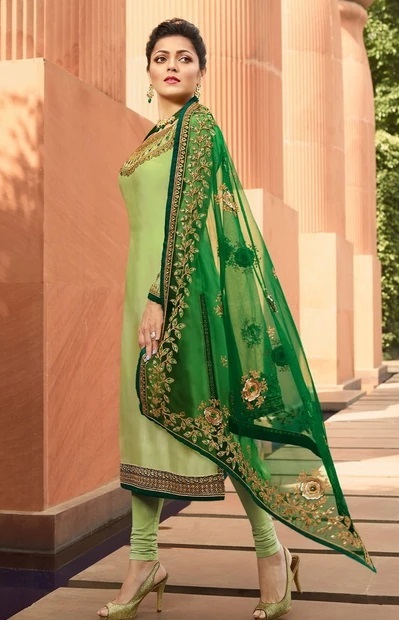 Green Satin Silk kurta with heavy net dupatta
