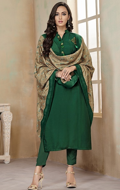 Green long kurta trouser set with cotton Silk dupatta