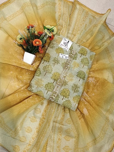 Ivory gold stylish Chanderi suit with Banarasi dupatta