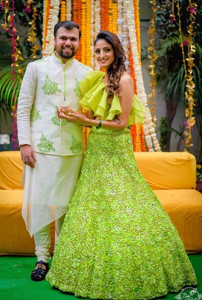 Lime green sequin studded beautiful mehndi ceremony lehenga for brides