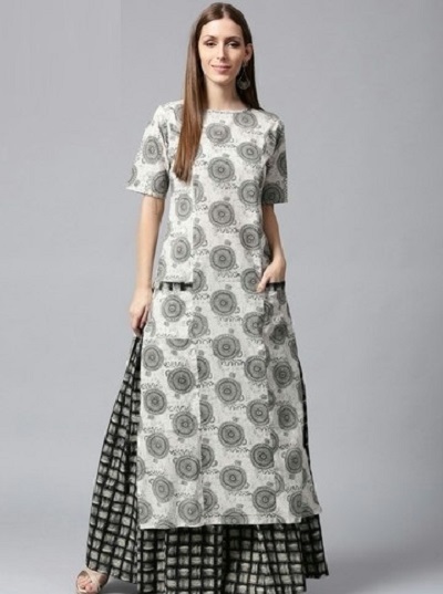 Long Cotton Kurta With Printed Skirt