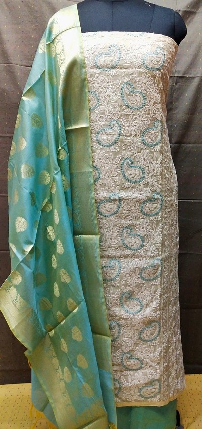 Lucknowi chikankari suit with green Banarasi dupatta