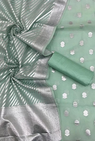 Mint green Chanderi suit with silver Banarasi Dupatta set