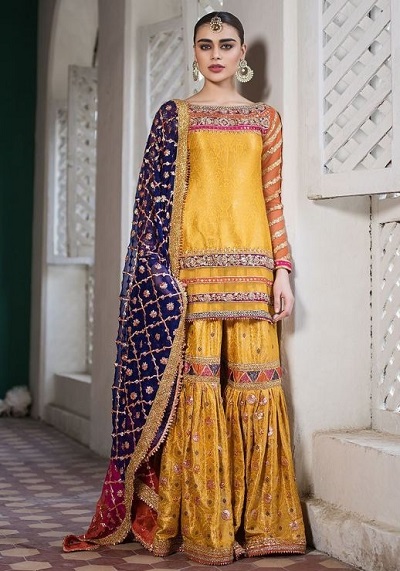 Multicolored Sharara for bridal mehendi ceremony