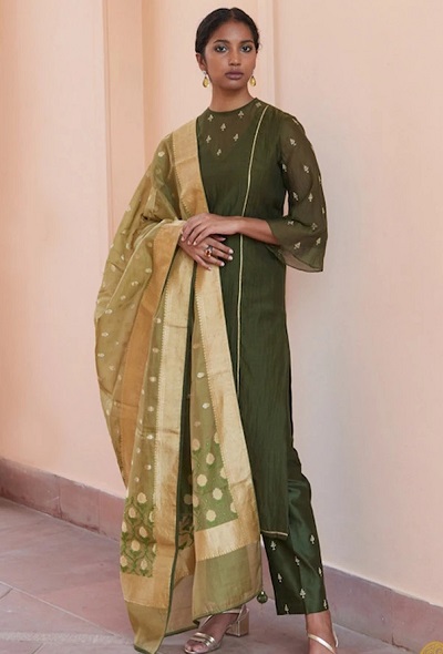 Olive green Chanderi stylish suit with green Banarasi dupatta