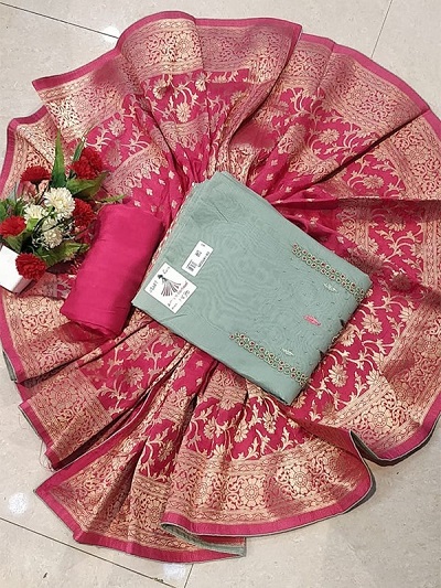 Pink Banarasi Dupatta with grey embellished Chanderi suit