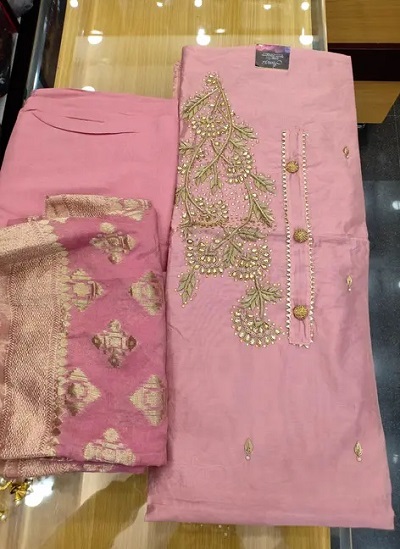 Pink cotton Silk Dupatta with pink Chanderi embellished suit