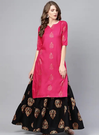 Black And Golden Bhagalpuri Silk Party Wear Kurtis with Skirt