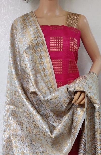 Red Chanderi salwar suit with gold and silver woven Banarasi dupatta